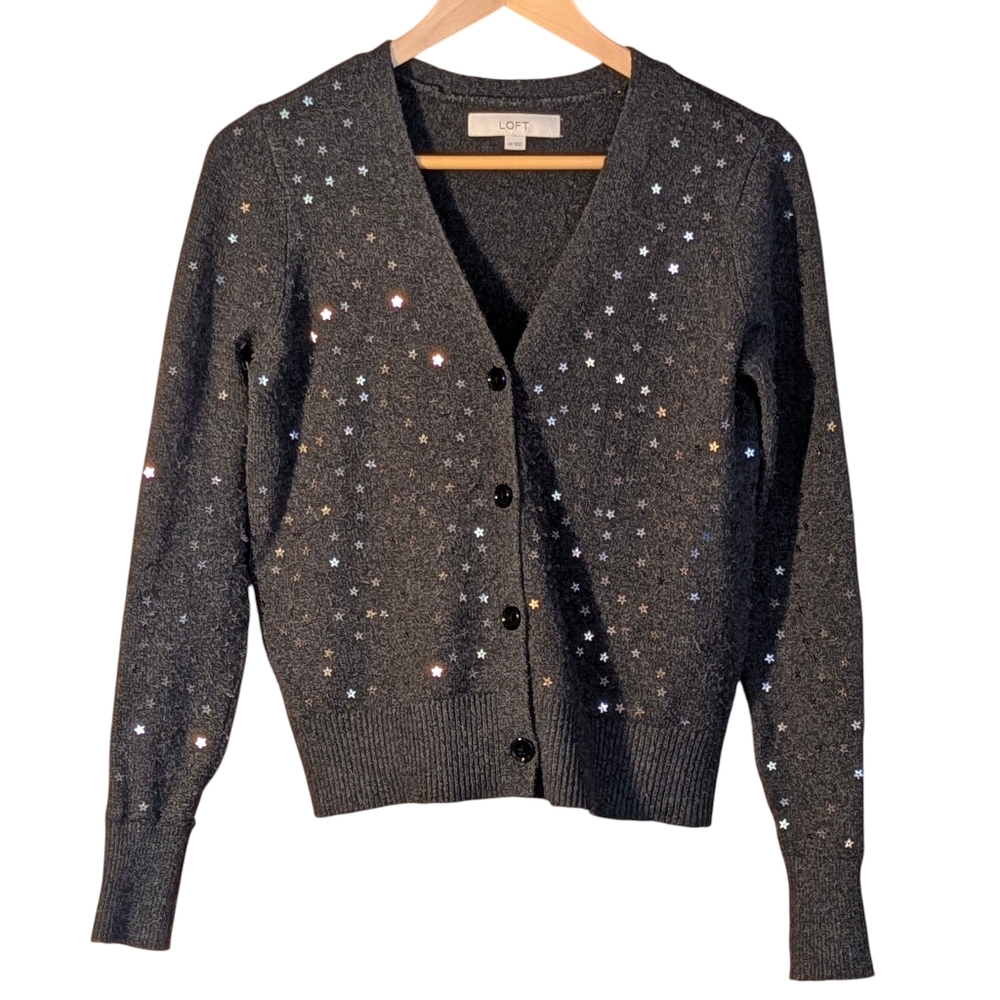 LOFT Women's Black Sequin Sweater Star Business Minimalist Academia